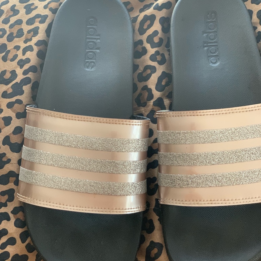 Rose gold and silver Adidas slides size 9